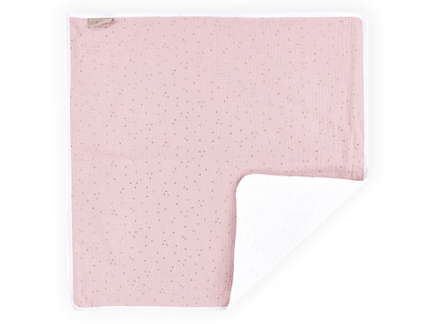 Muslin pusleunderlag med gyldne prikker på pink