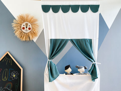 Dukketeater Punch og Judy viser Nilblå muslin inklusive teleskopstang