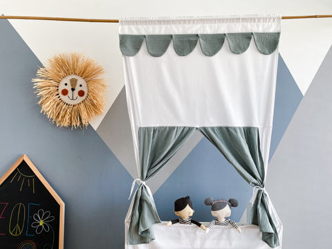 Dukketeater Punch og Judy viser muslin mynte inklusive teleskopstang