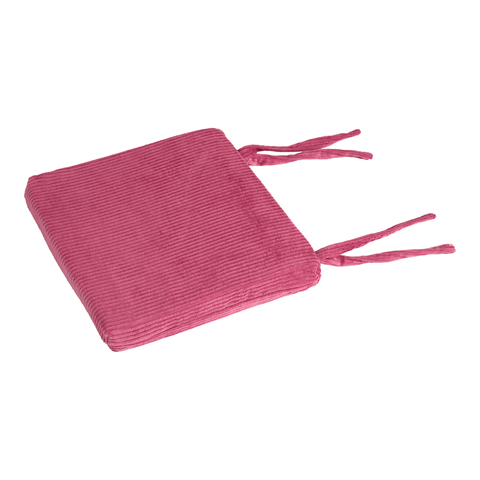 Das KraftKids Sitzkissen für Stühle aus Breitcord ist quadratisch, rosa, hat zwei Paar Stoffbänder auf einer Seite und einen abnehmbaren Bezug - präsentiert auf weißem Hintergrund.