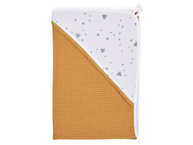 Hætte håndklæde afrundede trekanter grå vaffel piqué sennep