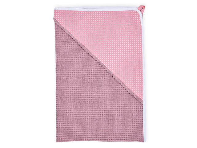 Hætte håndklæde hvide prikker på koral pink vaffel piqué pink