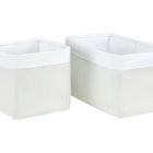 Zwei rechteckige Körbchen KraftKids Körbchen Leinen leicht grünes Weiß, ein kleines und ein großes, beide in hellbeige mit weißem Rand am oberen Rand, stehen nebeneinander auf weißem Grund - perfekt für Wickeltisch Aufbewahrung.