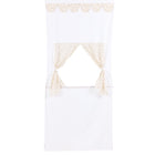 Das KraftKids Puppentheater Kasperletheater aus grauem Musselin mit Pusteblumenmuster und Teleskopstange bietet ein offenes, fensterartiges Design - ideal für jedes kreative Puppenspiel.